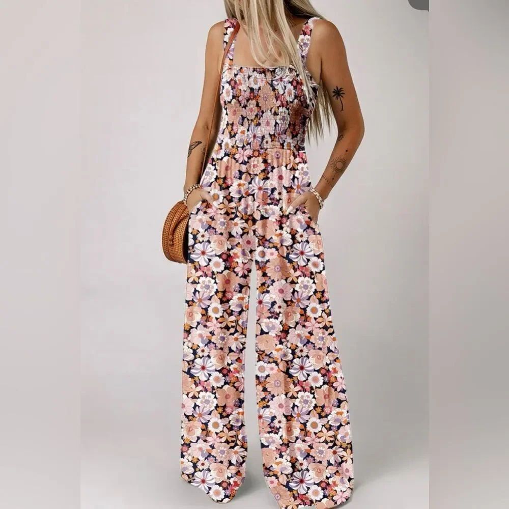 Smocked Floral Wide-Leg Jumpsuit in Pink Peach